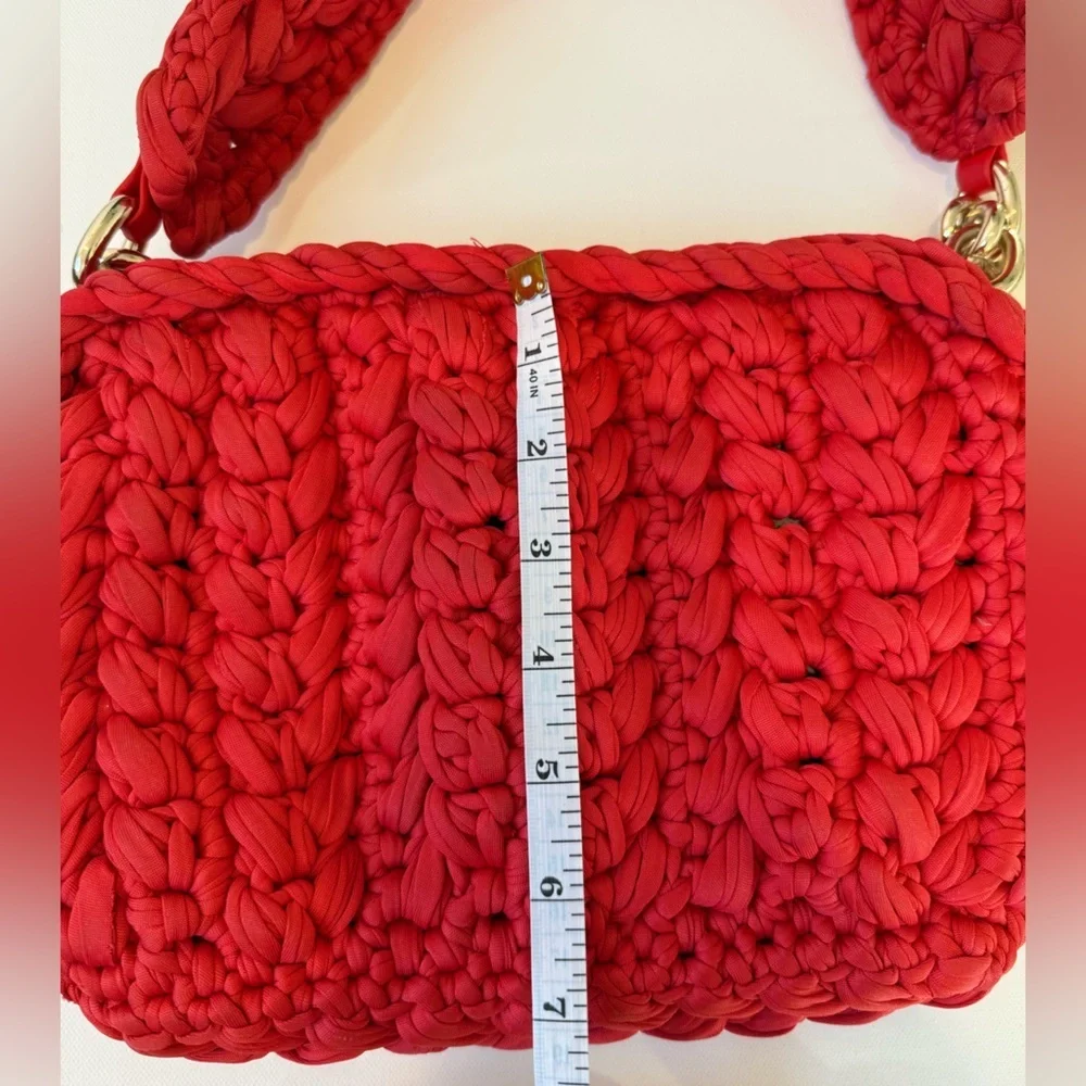 H&M Red Crochet Jersey Shoulder Bag Woven Gold Chain Strap
